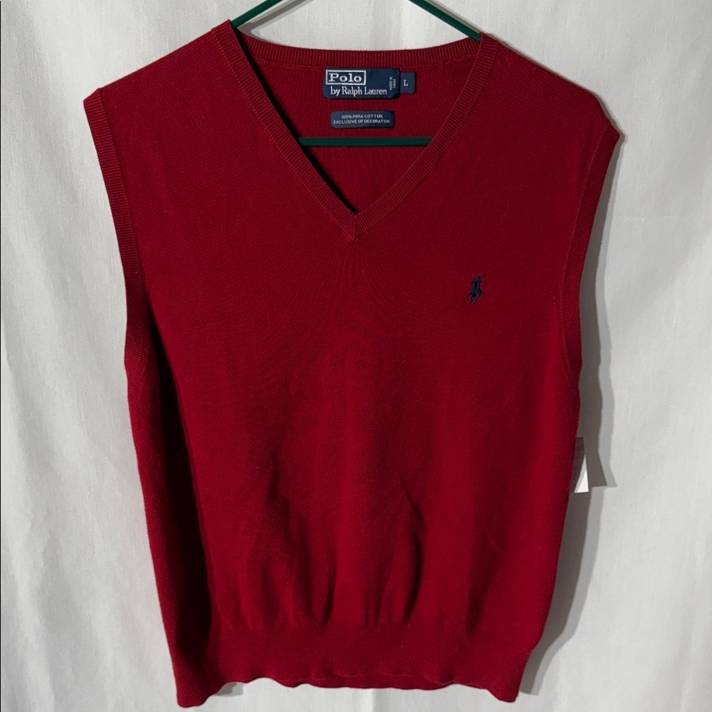 POLO by Ralph Lauren Red Pima Cotton Sweater Vest V-Neck Knit Pullover - Large - Picture 2 of 8
